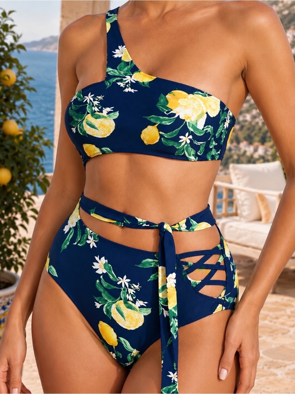 WET Swimwear Paloma Lemon One Shoulder Cutout Monokini L NWT